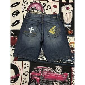Vintage 90s Enyce Jean Shorts Baggy Custom Embroidered Size 38 Cross Denim Y2K